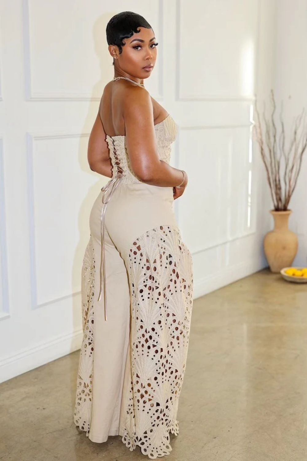 Corset Tube Top Cutwork Patchwork Pants Vacation 2pcs Set-White