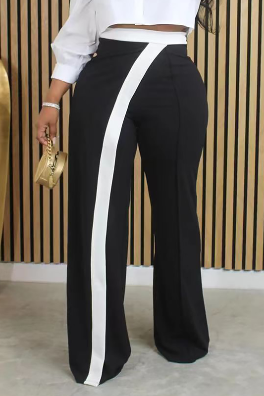 High Waist Contrast Trim Casual Pants-Black