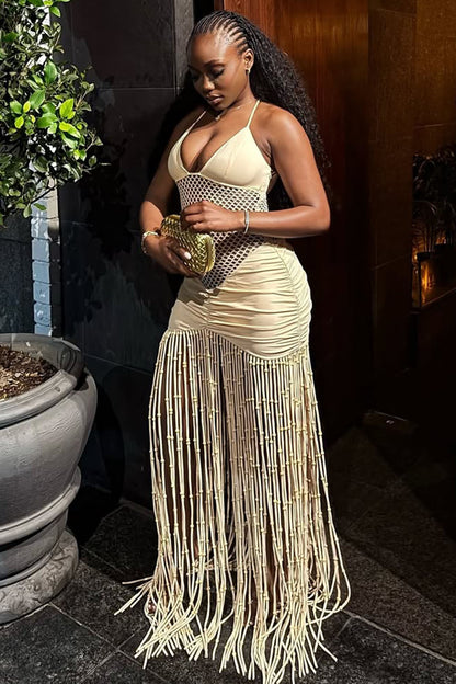 V Neck Fishnet Patchwork Fringe Hem Party Slip Maxi Dresses-Beige [Pre Order]