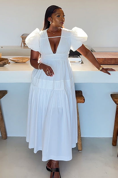 Deep V Neck Puff Sleeve Cinch Waist Ruched Maxi Dresses-White