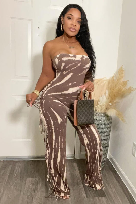 Strapless Print Fringe EDM Party Wide Leg Jumpsuit-Brown [Pre Order]