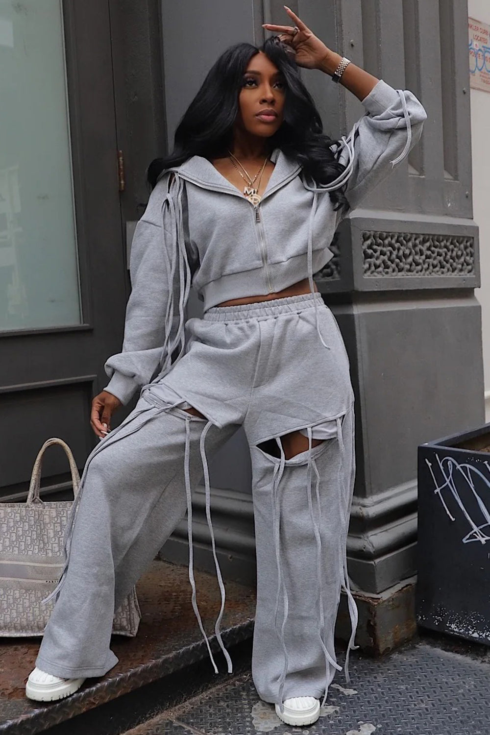 Fringe Zip-Up Crop Hoodie Ripped Wide Leg Pants 2pcs Set-Gray [Pre Order]
