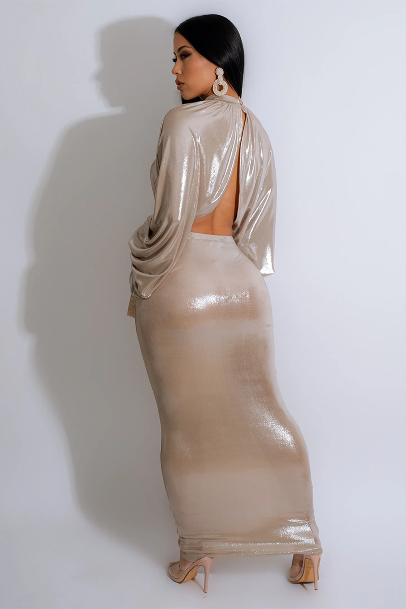 High Neck Long Lantern Sleeve Irregular Hem Top Ruched Maxi Skirt Bronzing Party Matching Set