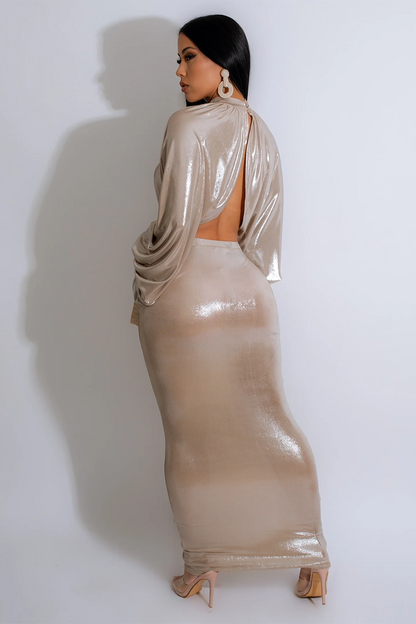 High Neck Long Lantern Sleeve Irregular Hem Top Ruched Maxi Skirt Bronzing Party Matching Set