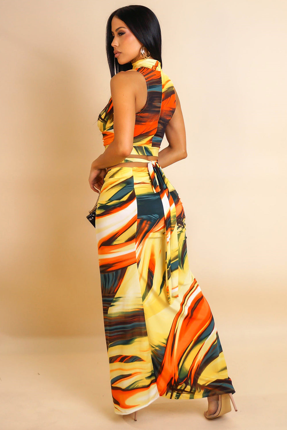 High Neck Sash Tied Top Print Maxi Skirt Vacay 2pcs Set-Yellow [Pre Order]