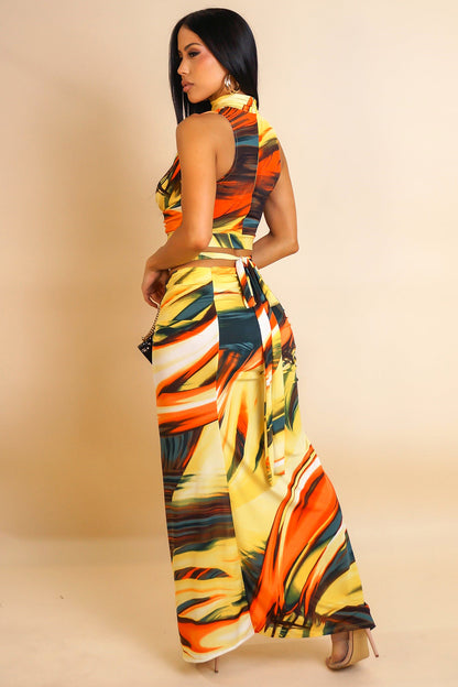 High Neck Sash Tied Top Print Maxi Skirt Vacay 2pcs Set-Yellow [Pre Order]