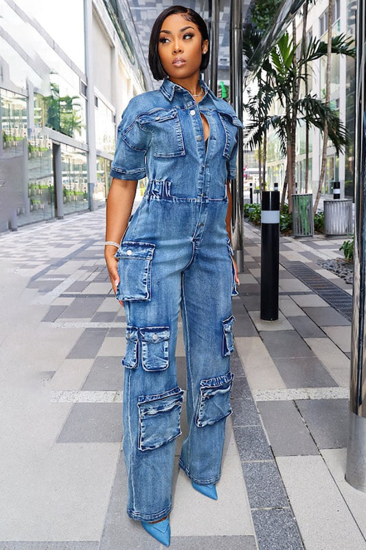 Multi Pocket Denim Button Up Short Sleeve Cargo Jumpsuit