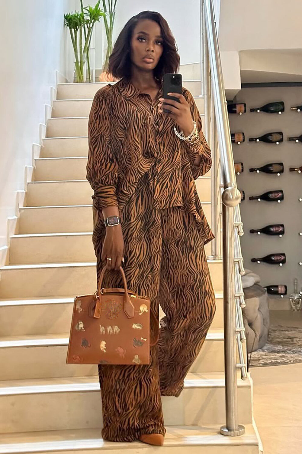 Zebra Pattern Long Sleeve Blouse Wide Leg Pants Matching Set-Brown