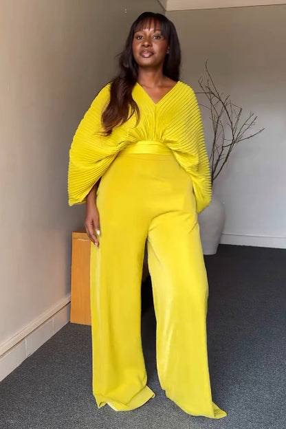 V Neck Pleated Batwing Sleeve Top High Waist Wide Leg Pants 2pcs Set-Yellow