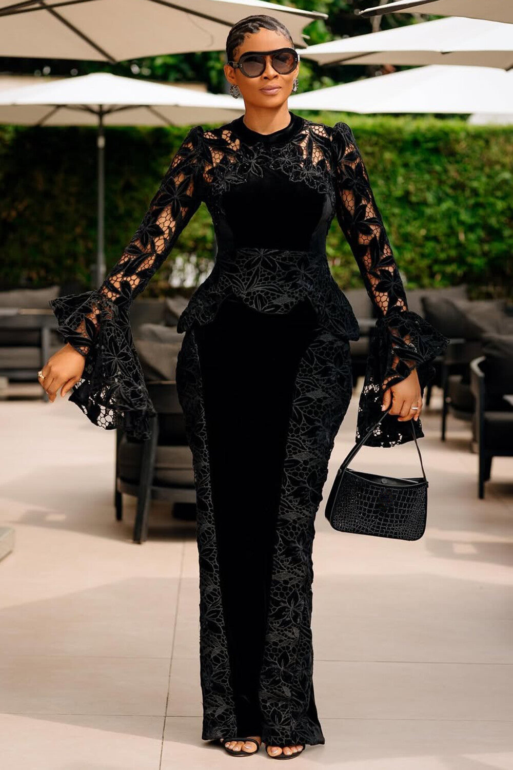 Lace Patchwork Velvet Flare Sleeve Fitted Gowns Maxi Dresses-Black [Pre Order]