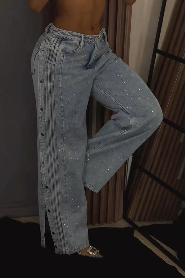 High-Waisted Rhinestone Embellished Side Button Jeans