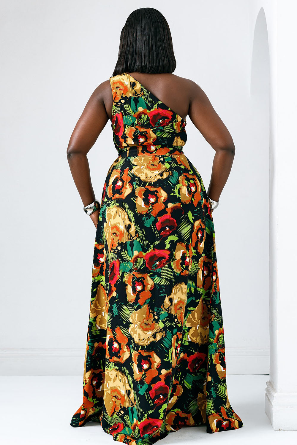 One Shoulder Sleeveless Floral Print Party Maxi Dresses-Black [Pre Order]
