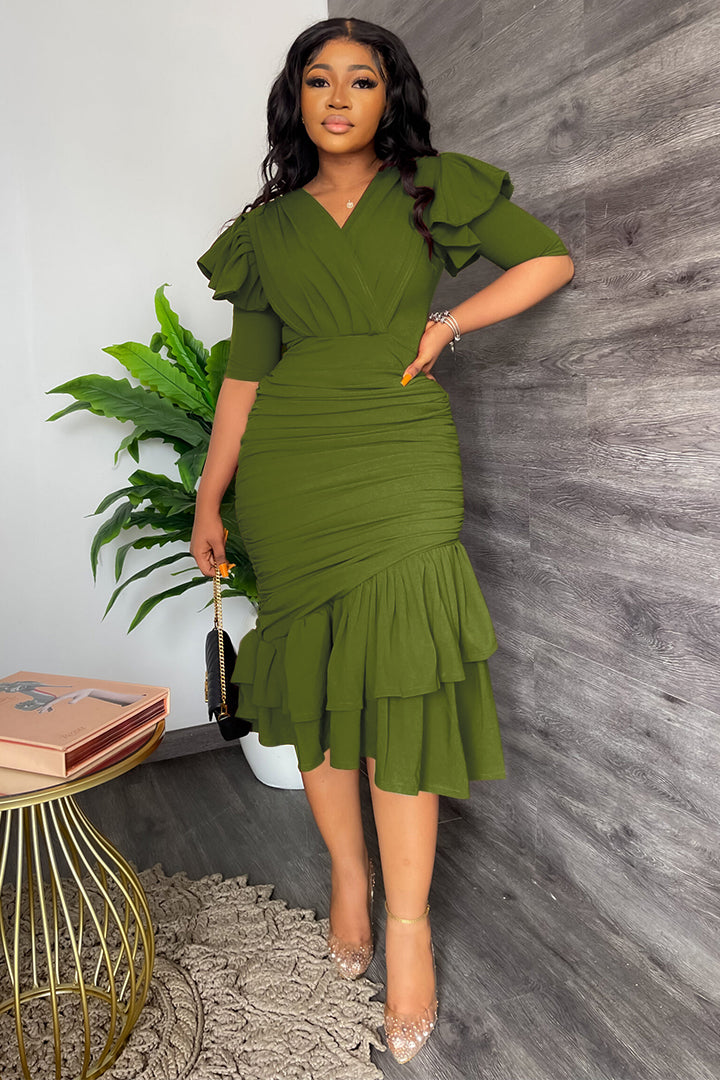 Short Sleeve Irregular Ruffle Midi Dresses