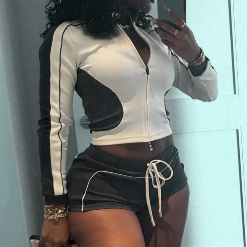 Stand-up Collar Slim Fit Workout Clothes Slim Top Sports Coat Shorts Two-Piece Set