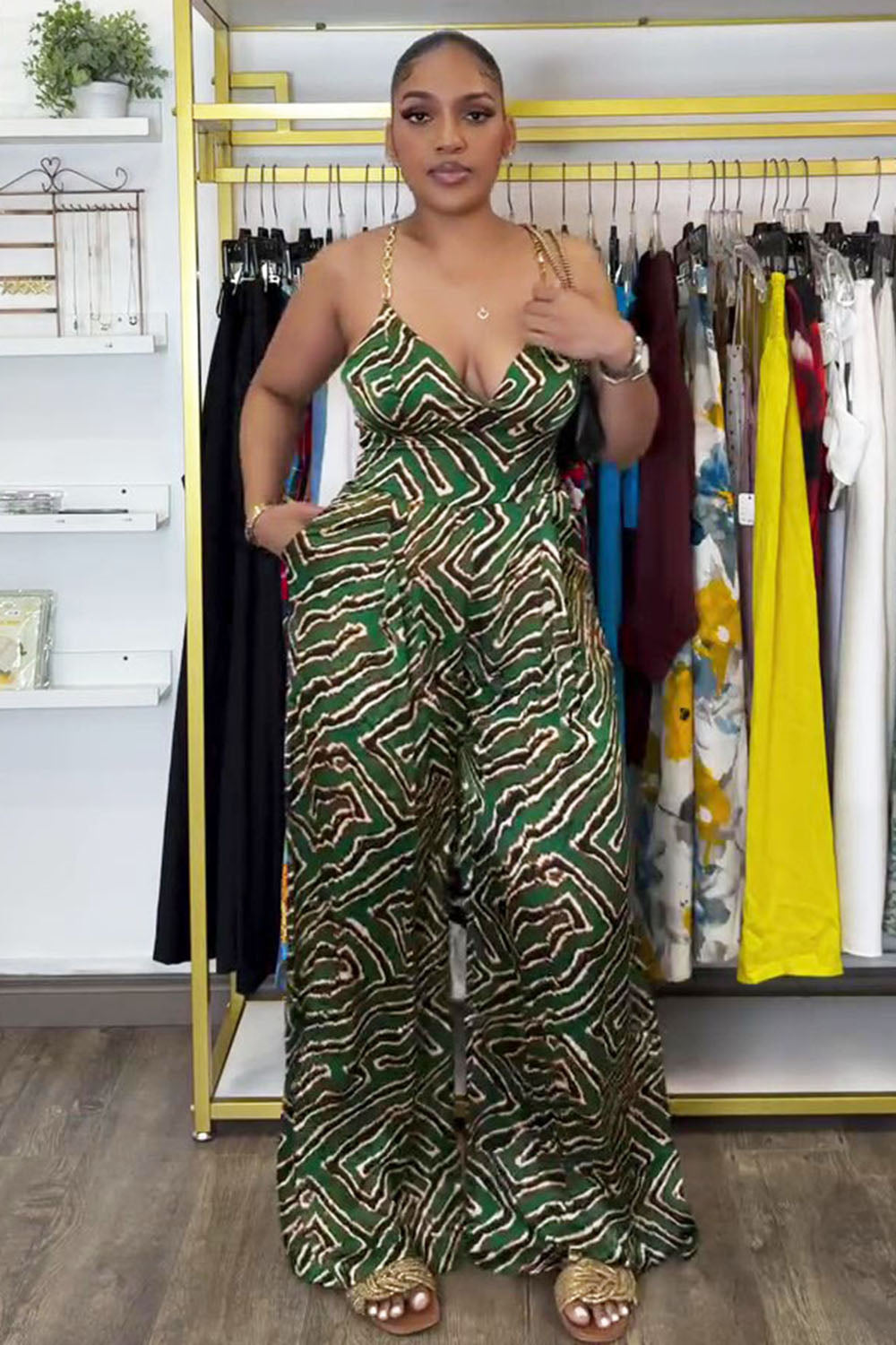 V Neck Back Cross Cami Print Vacation Wide Leg Jumpsuit-Green [Pre Order]