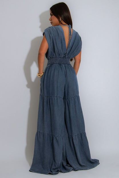 V Neck Sleeveless Cinched Quilted Denim Wide Leg Jumpsuit-Blue [Pre Order]