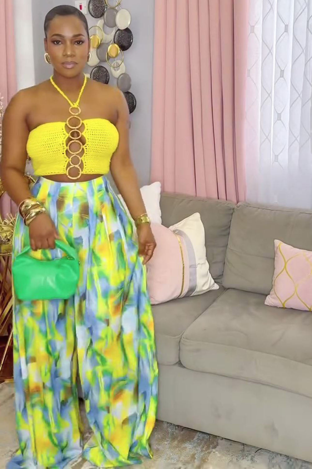 O-Ring Knit Top Print Wide Leg Pants Vacation 2pcs Set-Yellow [Pre Order]