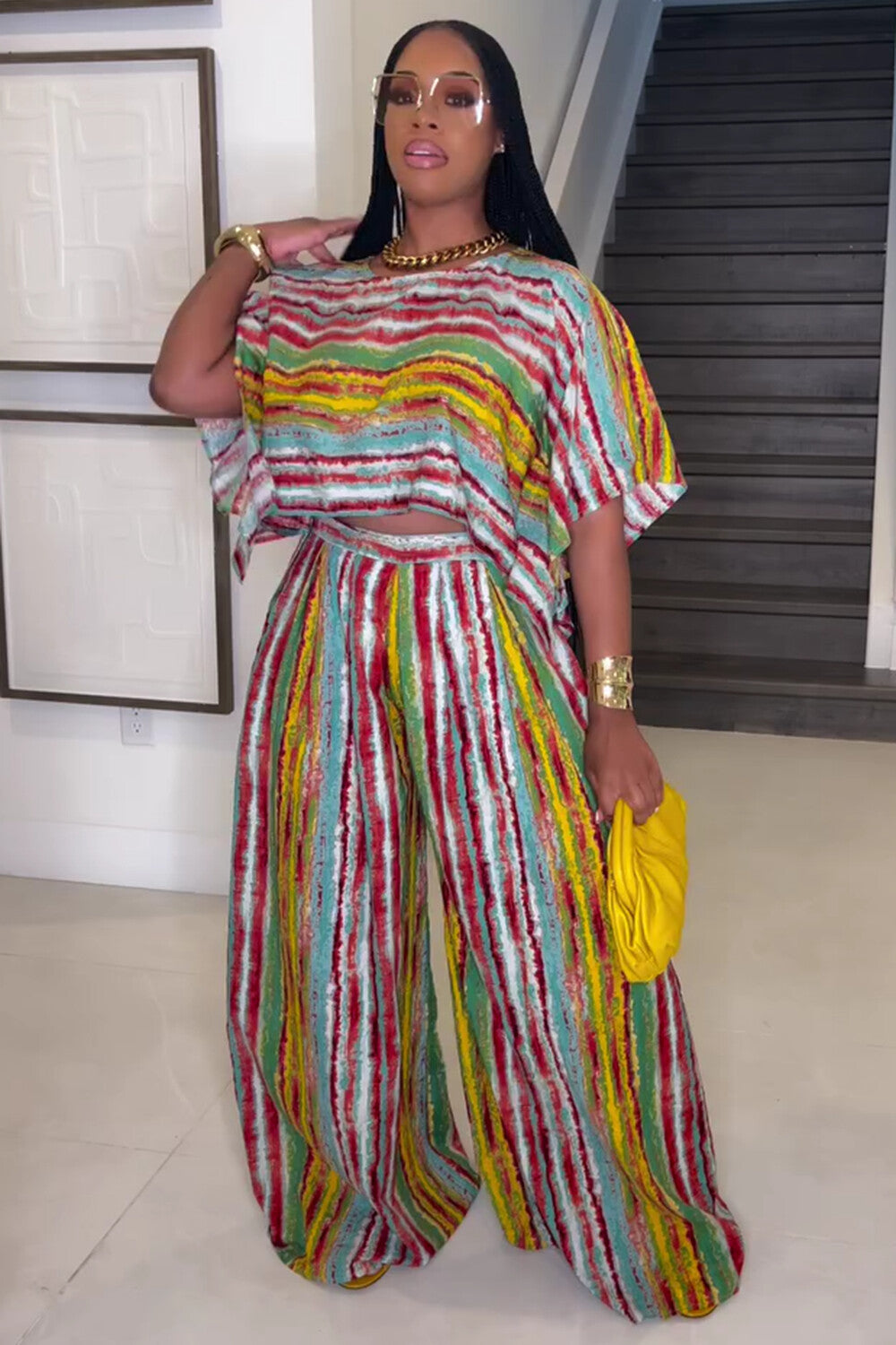 Stripe Print Puff Sleeve Top Wide Leg Pants 2pcs Set-Multicolor [Pre Order]