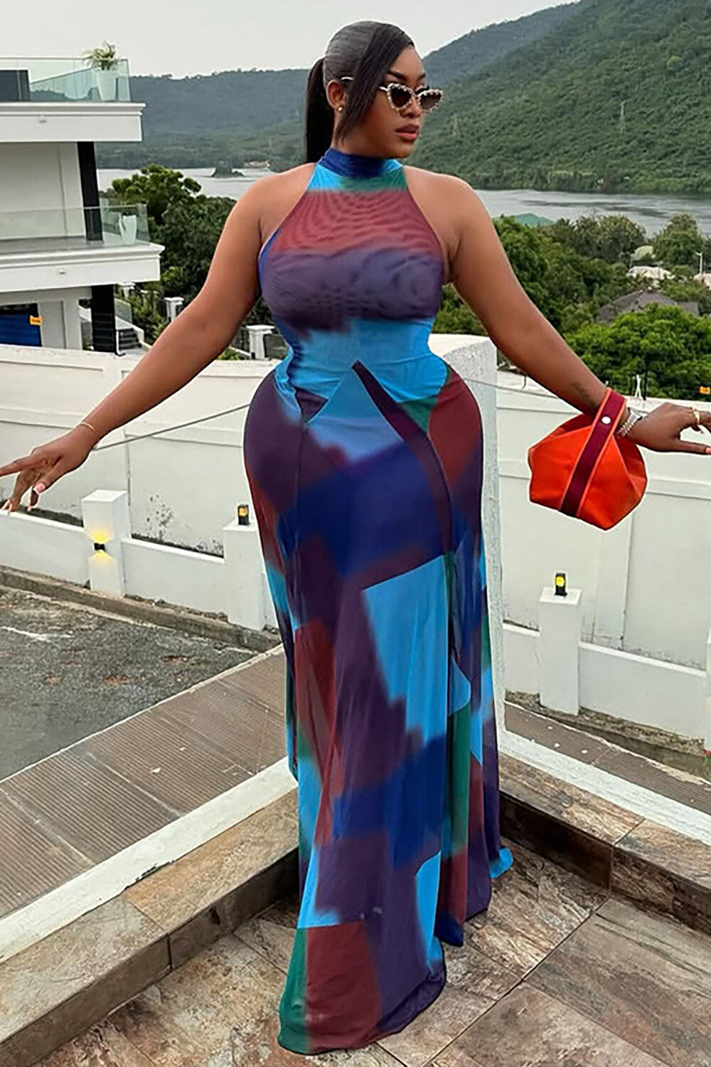 Dyeing Print Sleeveless High Neck Cinch Waist Maxi Dresses-Blue
