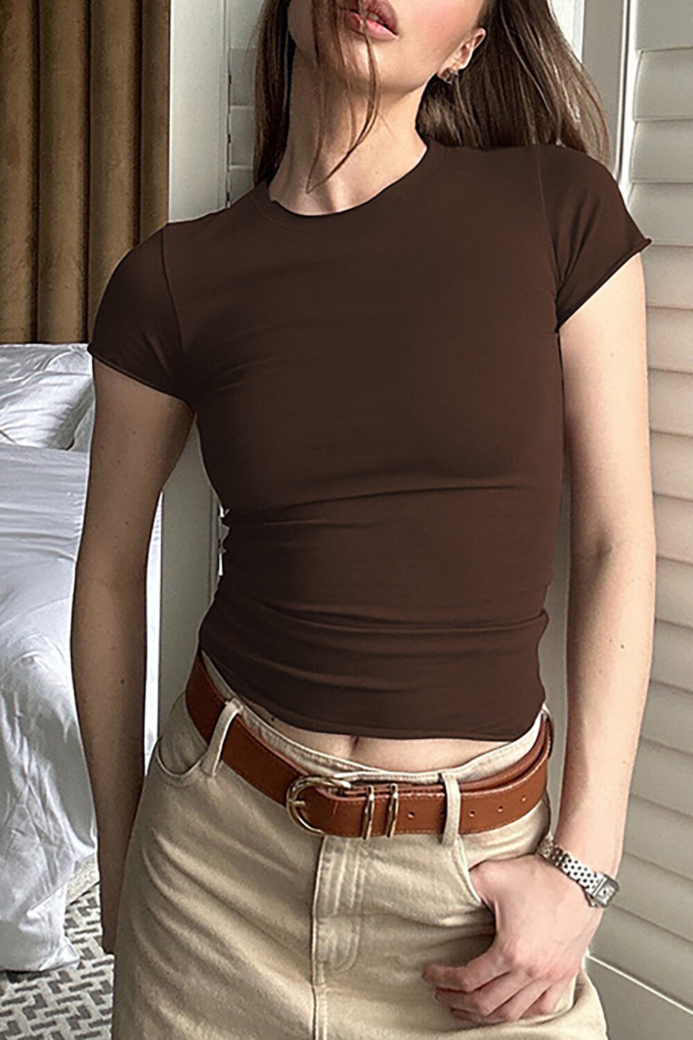 Round Neck Short Sleeve Solid Color Slim Fit Casual T-shirt-Purple