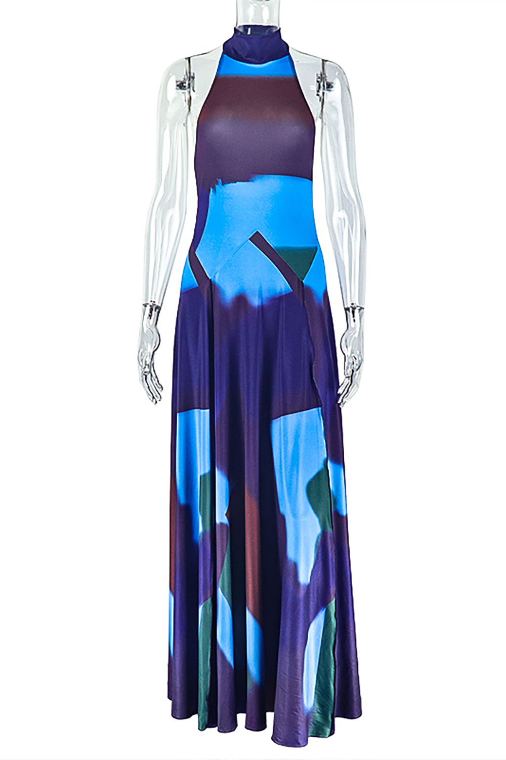 Dyeing Print Sleeveless High Neck Cinch Waist Maxi Dresses-Blue