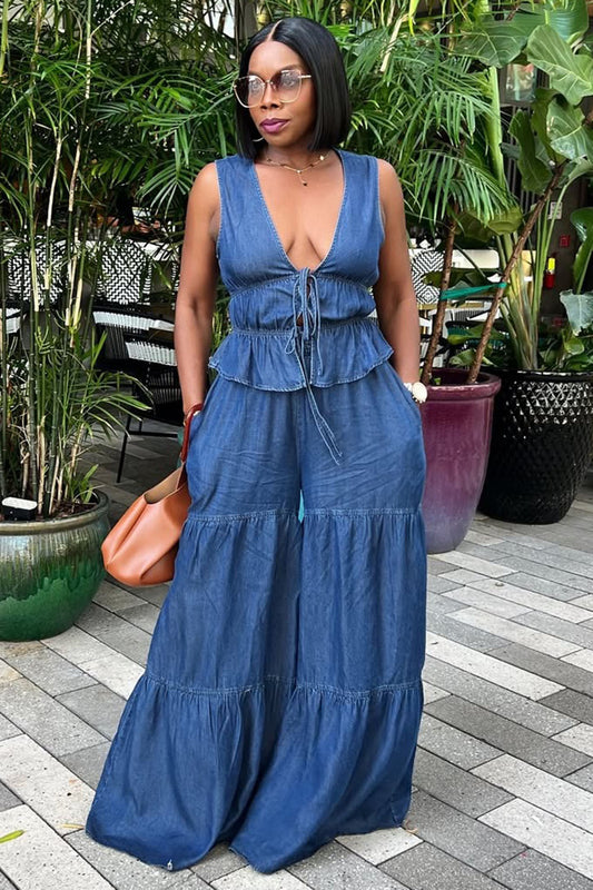 V Neck Peplum Vest Tiered Wide Leg Pants Denim 2pcs Set-Blue [Pre Order]