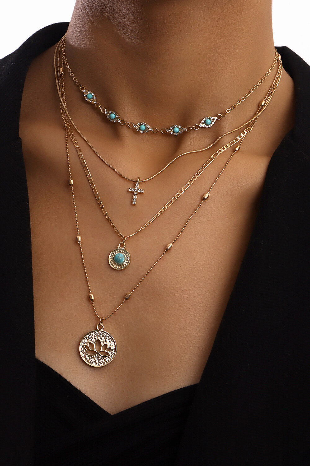 Cutout Flower Cross Mixed Pendants Fashionable Four-Layered Necklace