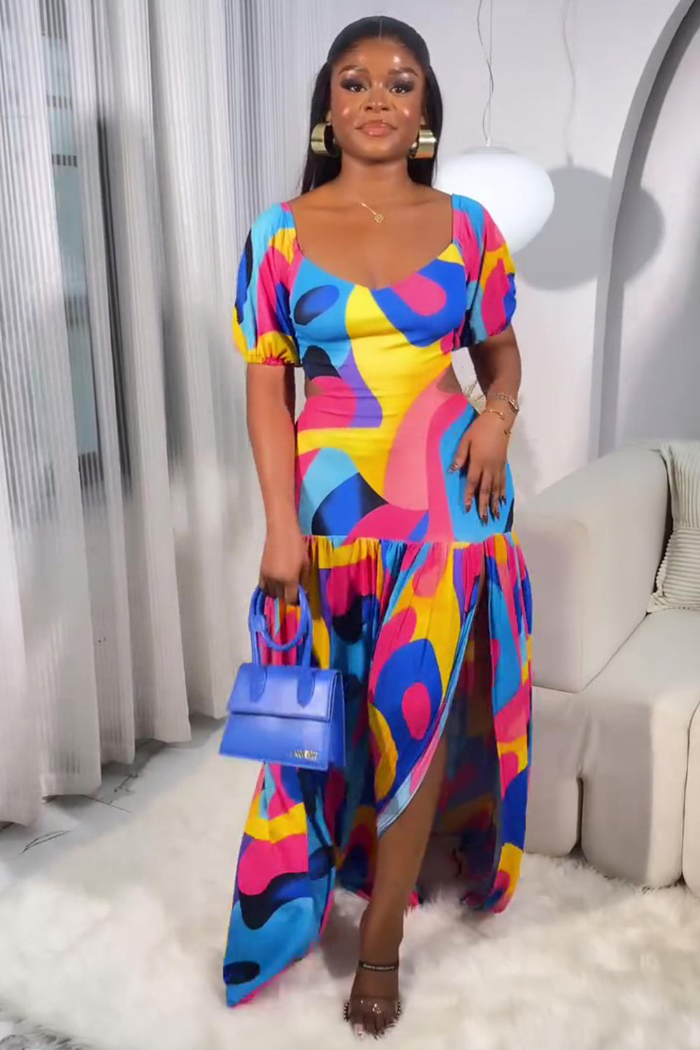 Geometric Print Puff Sleeve Slit Hem Maxi Dresses-Multicolor [Pre Order]