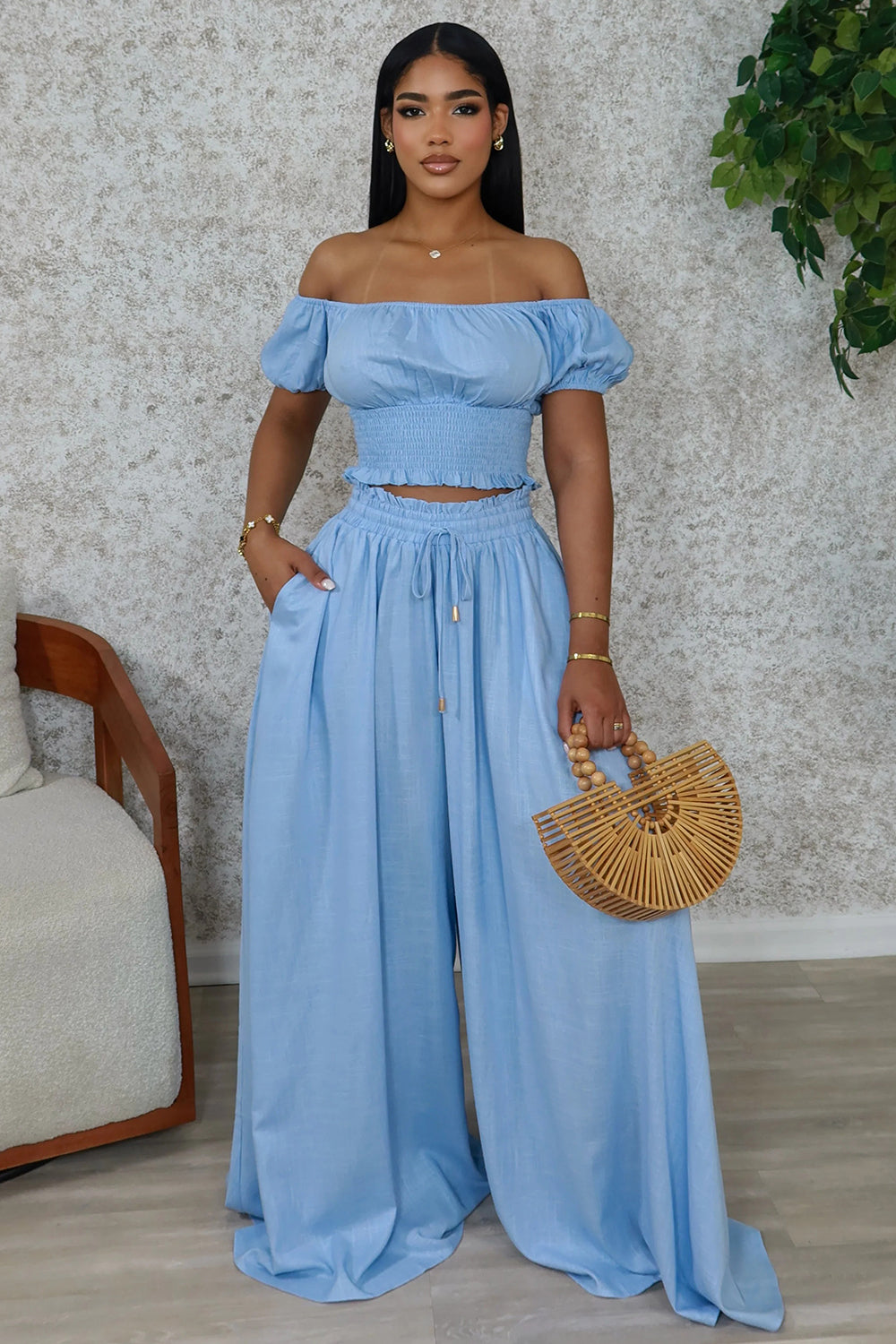 Off Shoulder Puff Sleeve Ruched Top Wide Leg Pants 2pcs Set-Green [Pre Order]