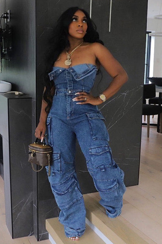 Strapless Multi Flap Pocket Denim Cargo Jumpsuit