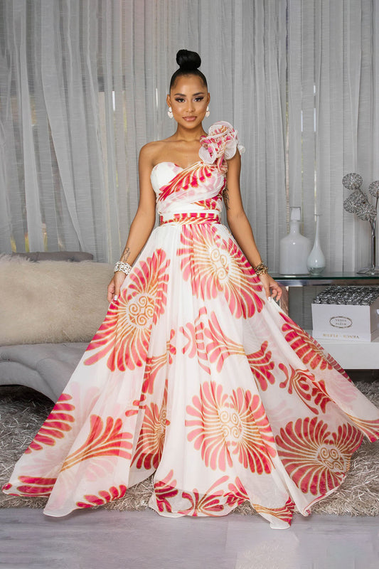 One Shoulder 3D Flower Decor Print Vacation Maxi Dresses-Red [Pre Order]