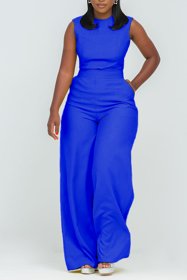 Stylish Round Neck Slant Pocket Jumpsuit