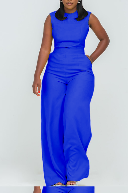 Stylish Round Neck Slant Pocket Jumpsuit