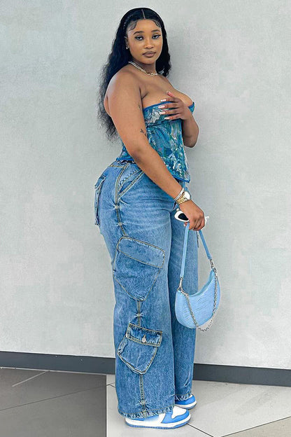Oversize Pockets Denim High Waist Straight Leg Casual Jeans-Blue