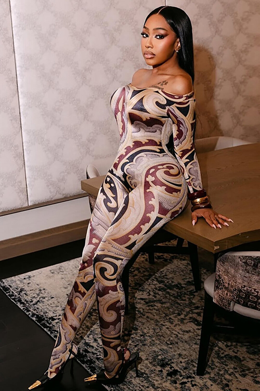 Graphic Print Off Shoulder Long Sleeve Slim Fit Multicolor Jumpsuit-Brown
