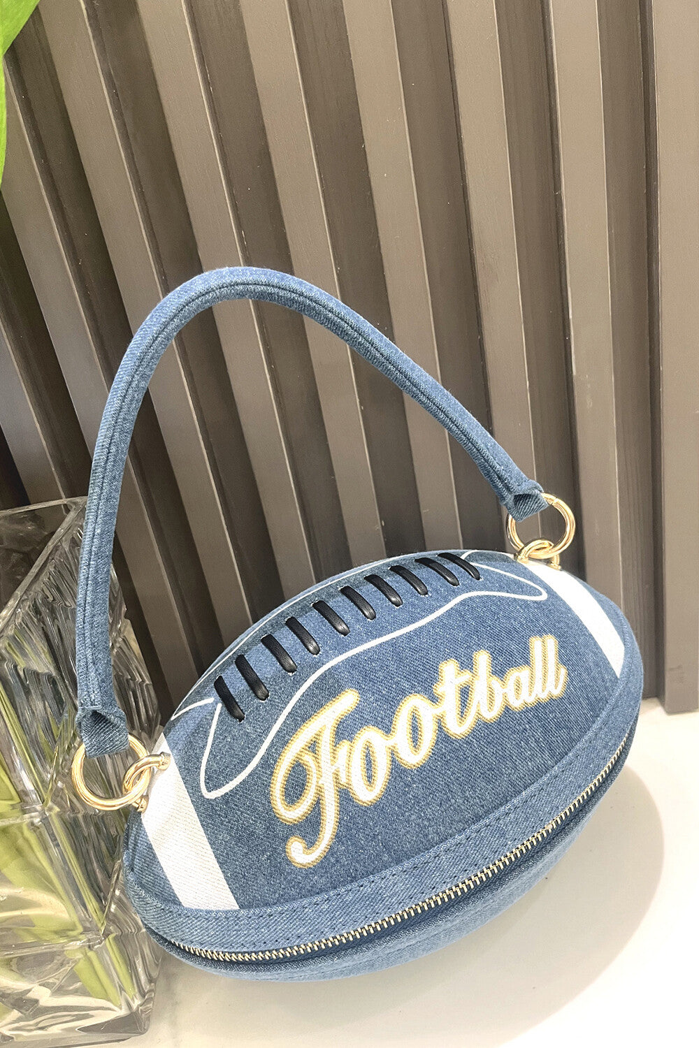 Letter Colorblock Print Zipper American Football Shaped Handbag