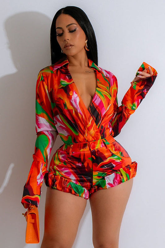 Deep V Neck Long Sleeve Blouse Abstract Print Shorts 2pcs Set-Red [Pre Order]