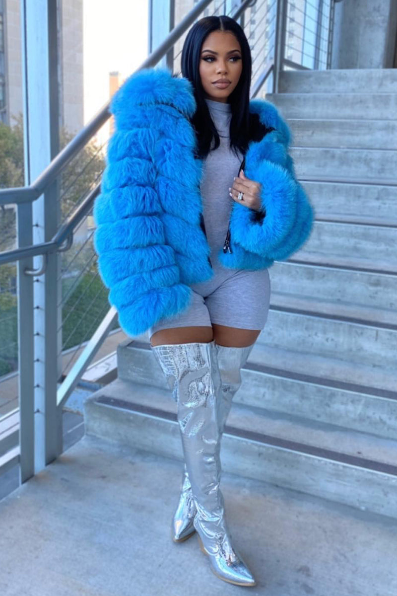 Striped Quilted Long Sleeve Fuzzy Plain Crop Jacket-Blue [Pre Order]