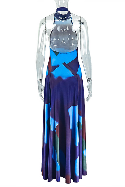 Dyeing Print Sleeveless High Neck Cinch Waist Maxi Dresses-Blue