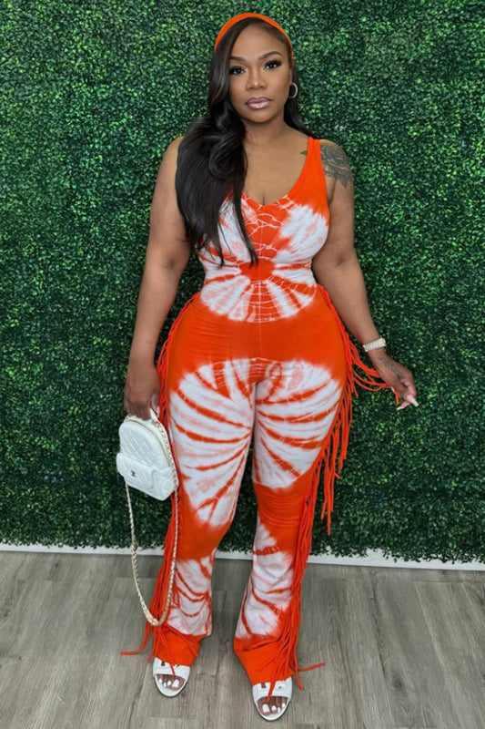 Tie Dye Print Fringe Sleeveless Slim-Fit Daily Jumpsuit-Orange [Pre Order]