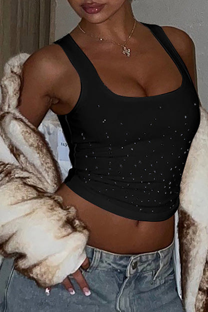 Square Neck Hot Drilling Knit Slim Fit Sleeveless Crop Top-White