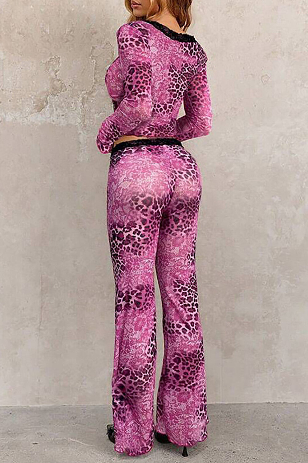 Lace Trim Leopard Print Long Sleeve Top Flared Pants Matching Set-Brown