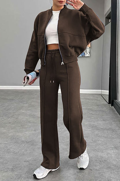 Solid Color Long Sleeve Zipper Track Jacket Casual Pants 2pcs Set-Brown