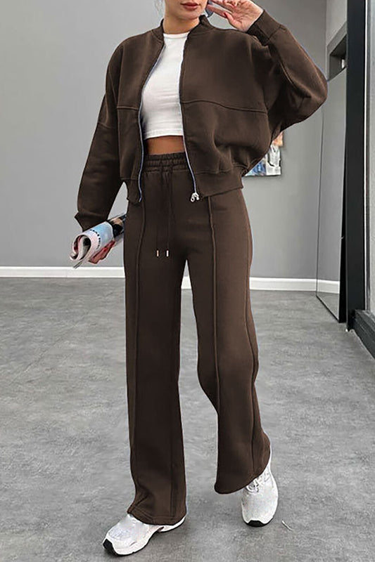Solid Color Long Sleeve Zipper Track Jacket Casual Pants 2pcs Set-Brown