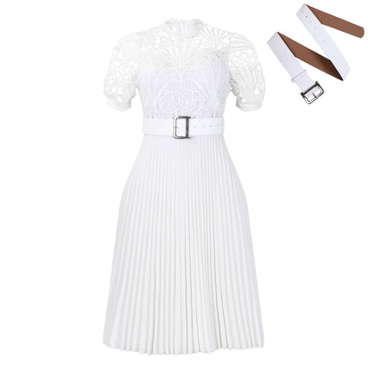 Women's Short-Sleeved Lace Stitching Pleated Dress Cross-Border Dress