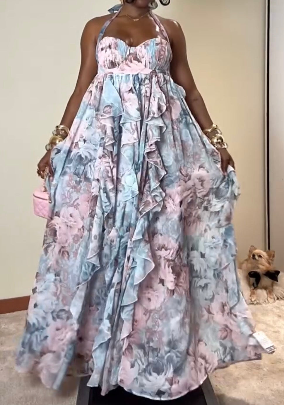 Fashionable Elegant Tube Top Printed Loose Stitching Large Swing Dress