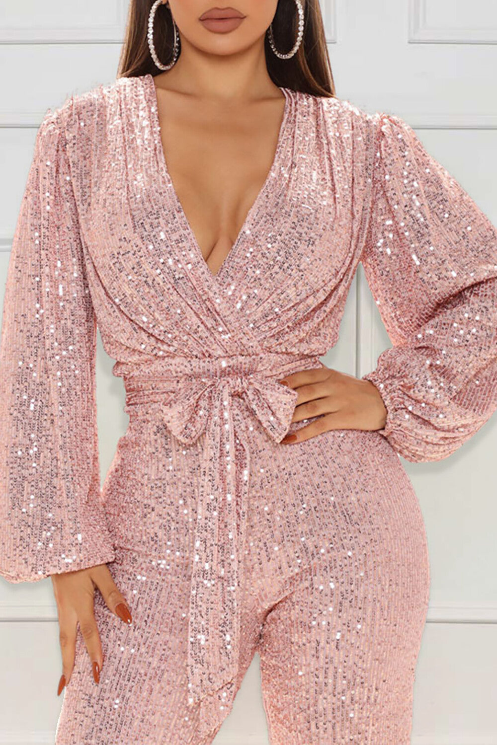 Deep V Neck Lantern Sleeve Sequin Tie Up Party Jumpsuit-Black