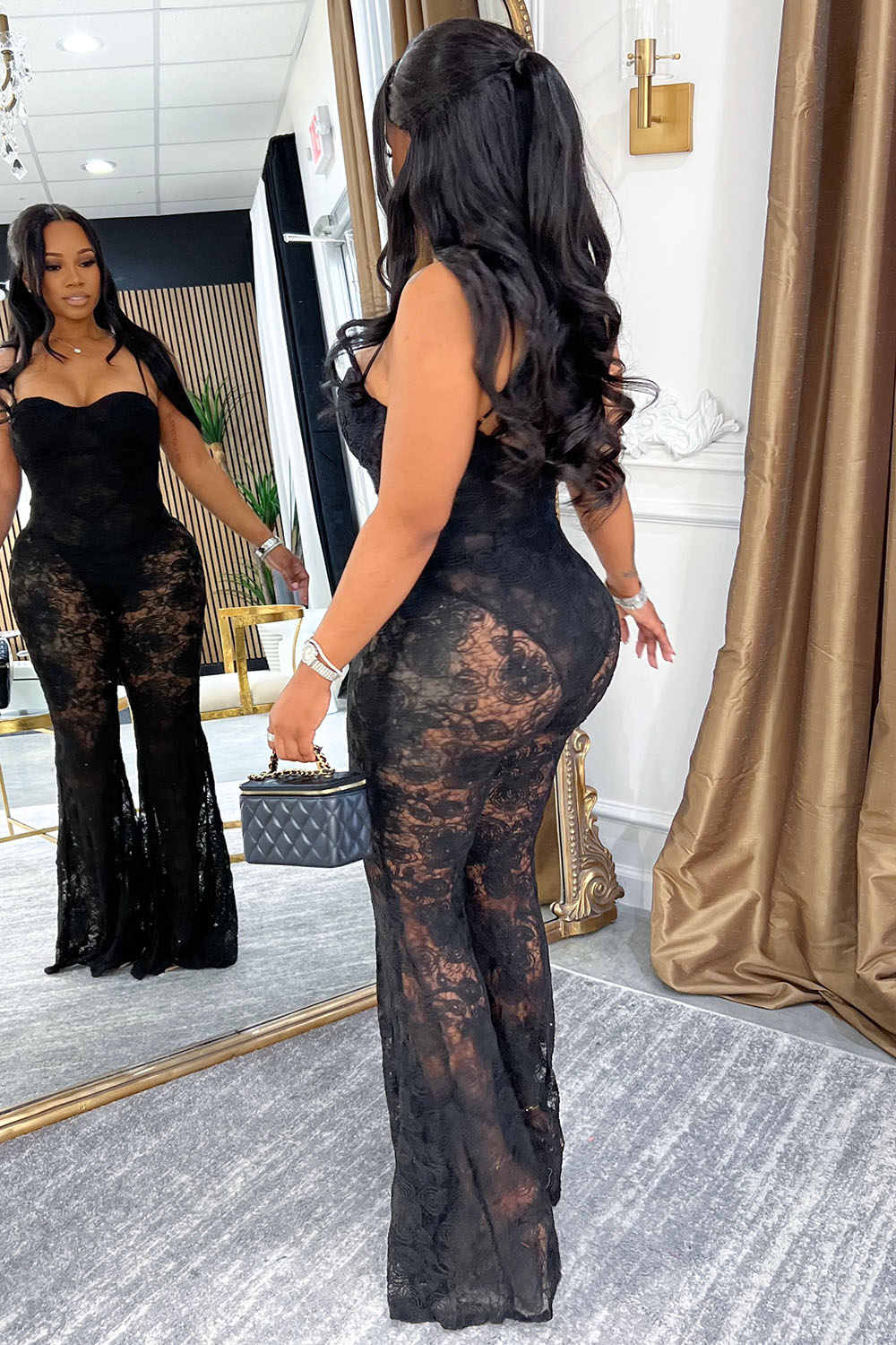Guipure Lace Patchwork Party Cami Flare Leg Jumpsuit-Black [Pre Order]
