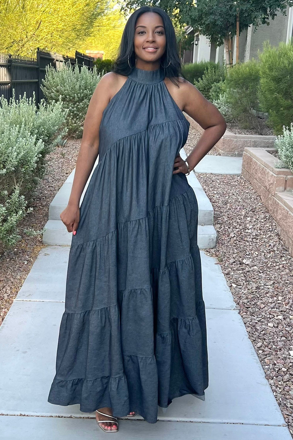 Halter Neck Ribbon Tiered Loose-Fit Denim Maxi Dresses-Blue [Pre Order]