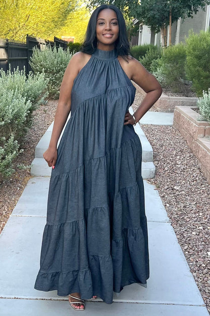Halter Neck Ribbon Tiered Loose-Fit Denim Maxi Dresses-Blue [Pre Order]